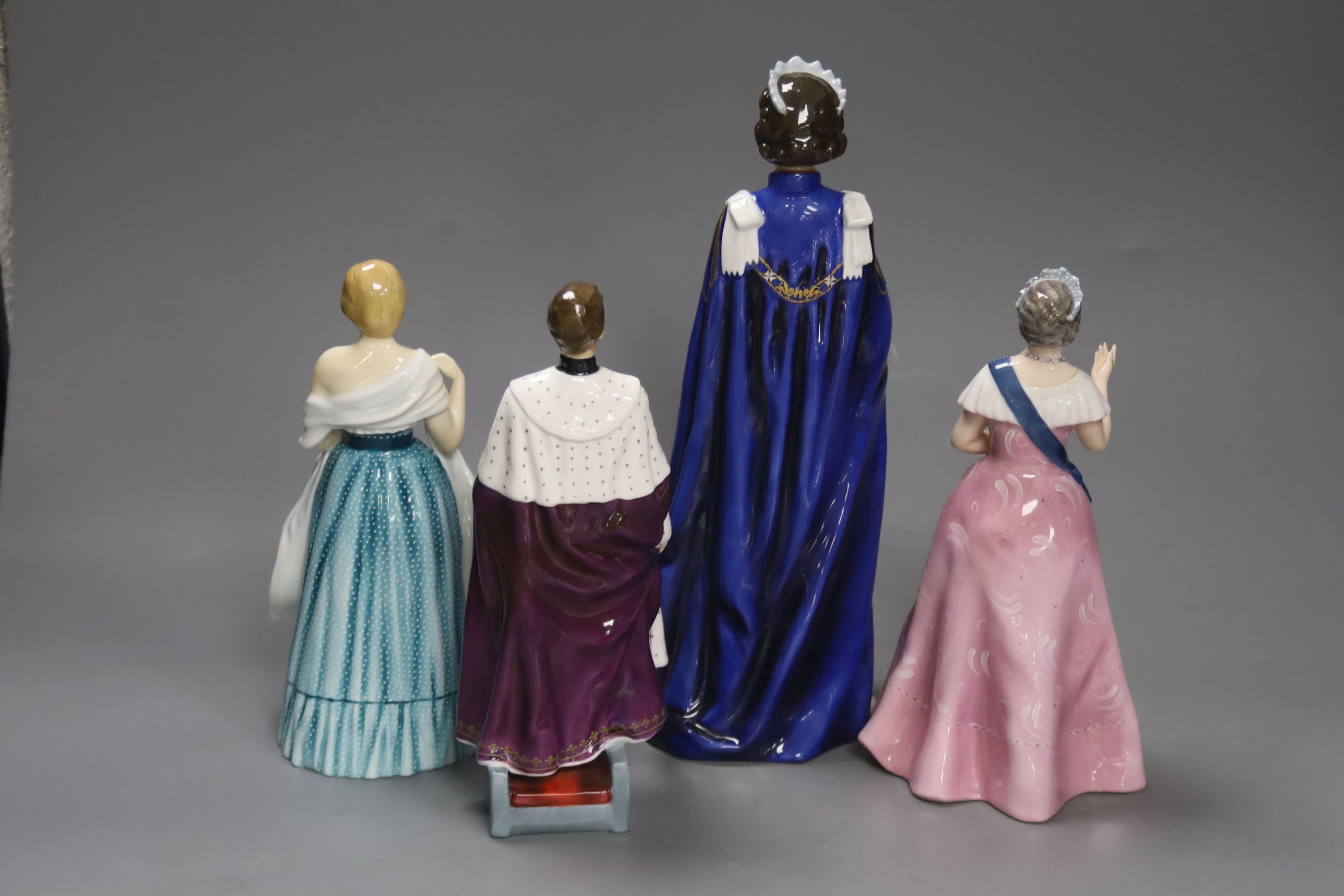 A Royal Doulton figure, 'HM Queen Elizabeth II 30th Anniversary of the Coronation', no. 129/2500 and three other Royal figures